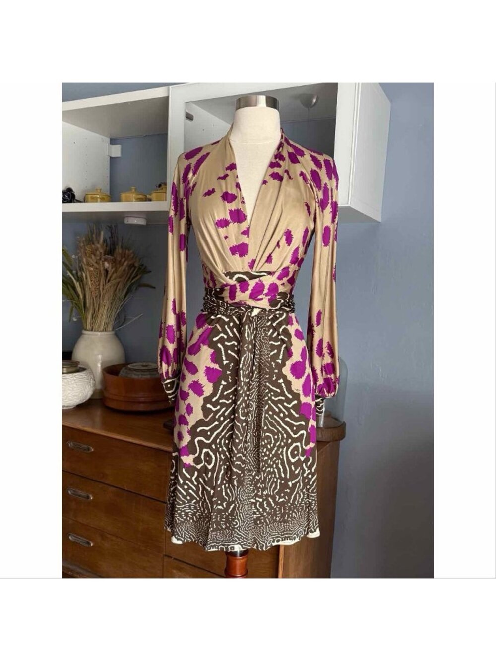 Issa London Silk Animal Print Wrap Dress Billowy Long Sleeve